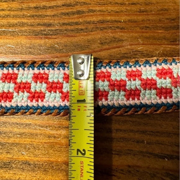 Vintage Leather & Woven Multicolor Cotton Belt Size 32 Hand Tooled - Picture 8 of 8